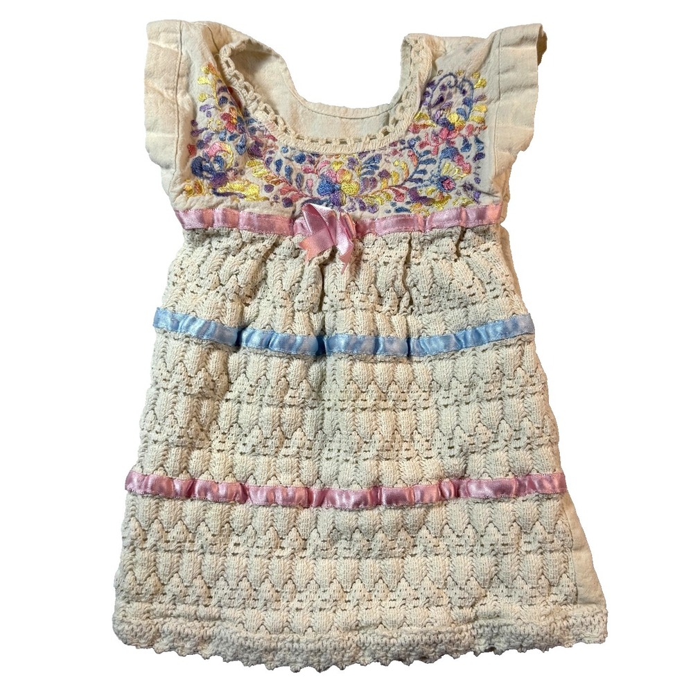 Vintage Crochet Floral Dress Girls 2T Pastel Embroidered Ribbon Trim‎ Handmade